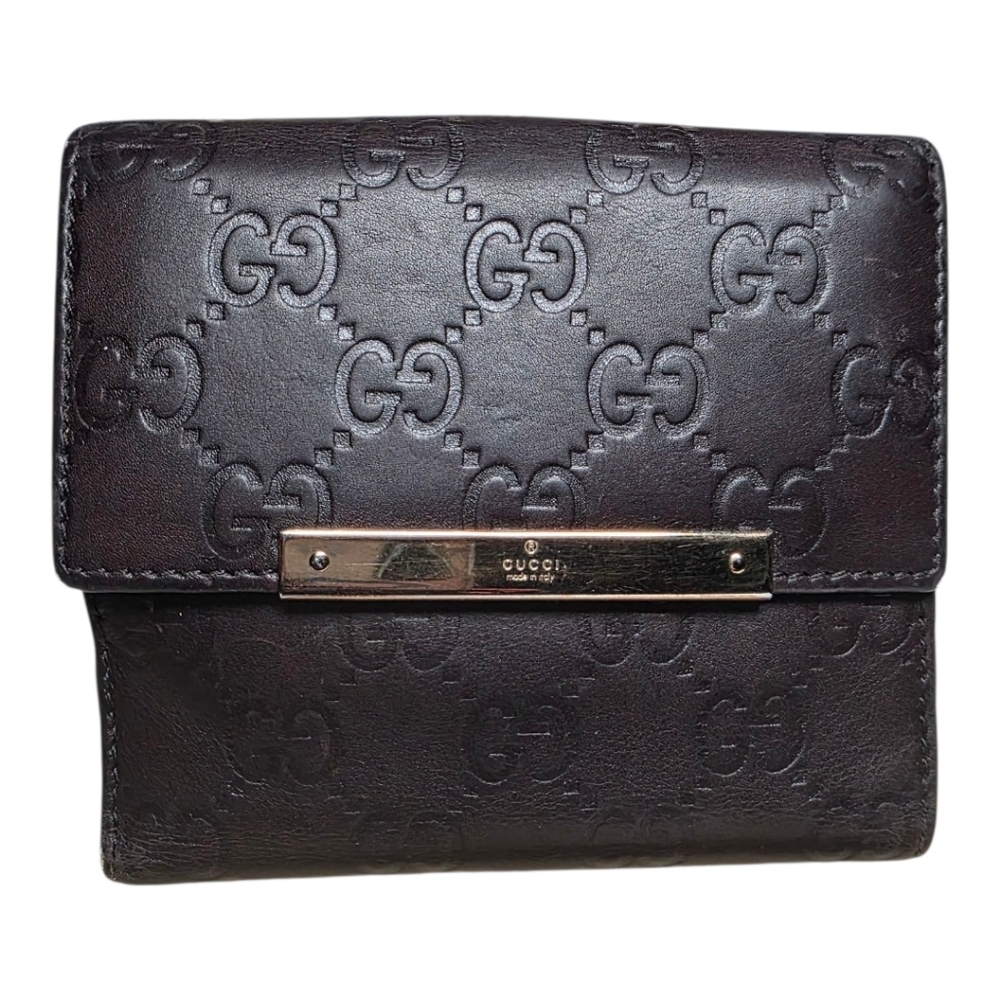 GUCCI GG Emblem Folding Wallet PurseLeather Brown Bifold Gold Tone Hardware